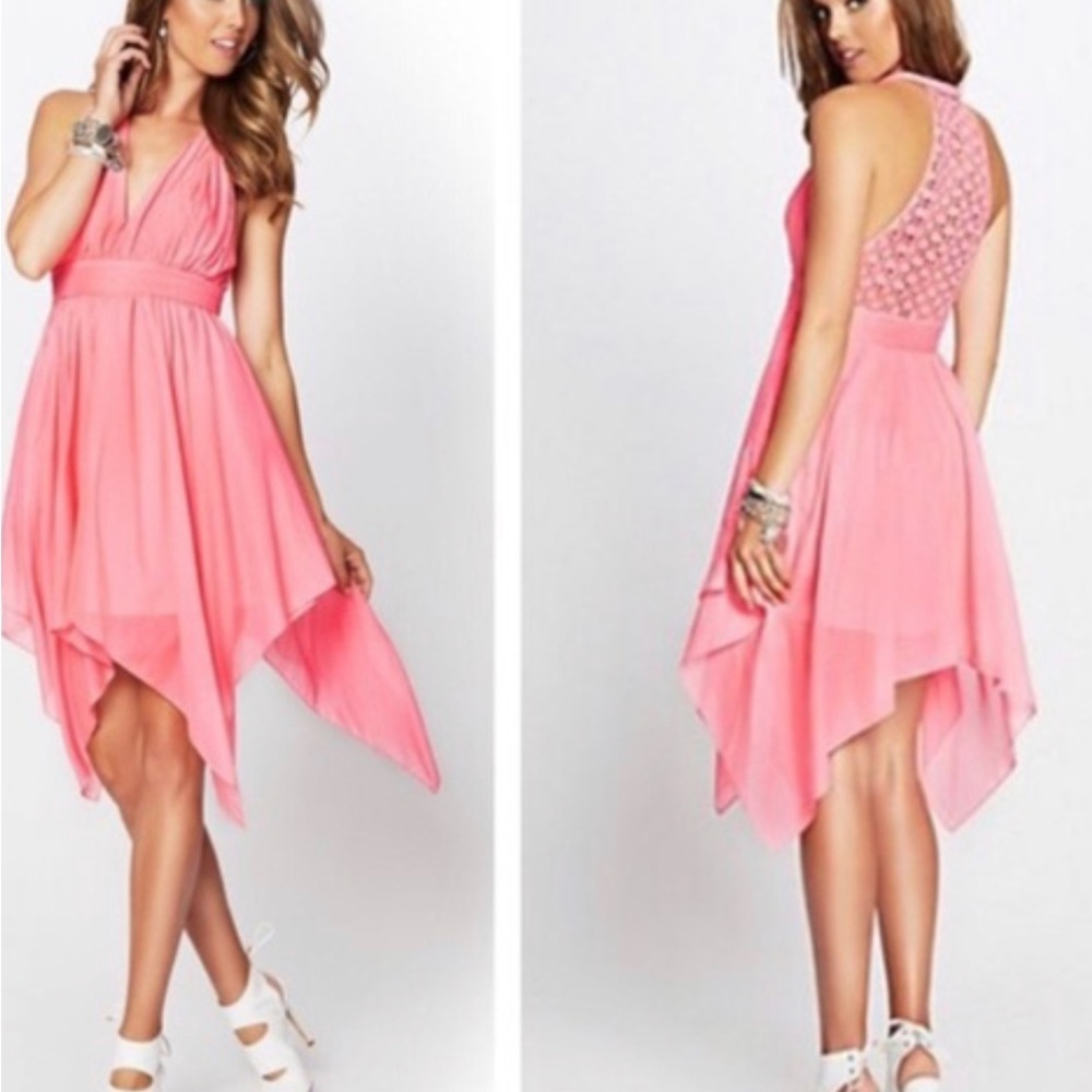 Gia Guess Halter Crochet Back Maxi Asymmetrical Handkerchief Hem MIDI Boho Dress